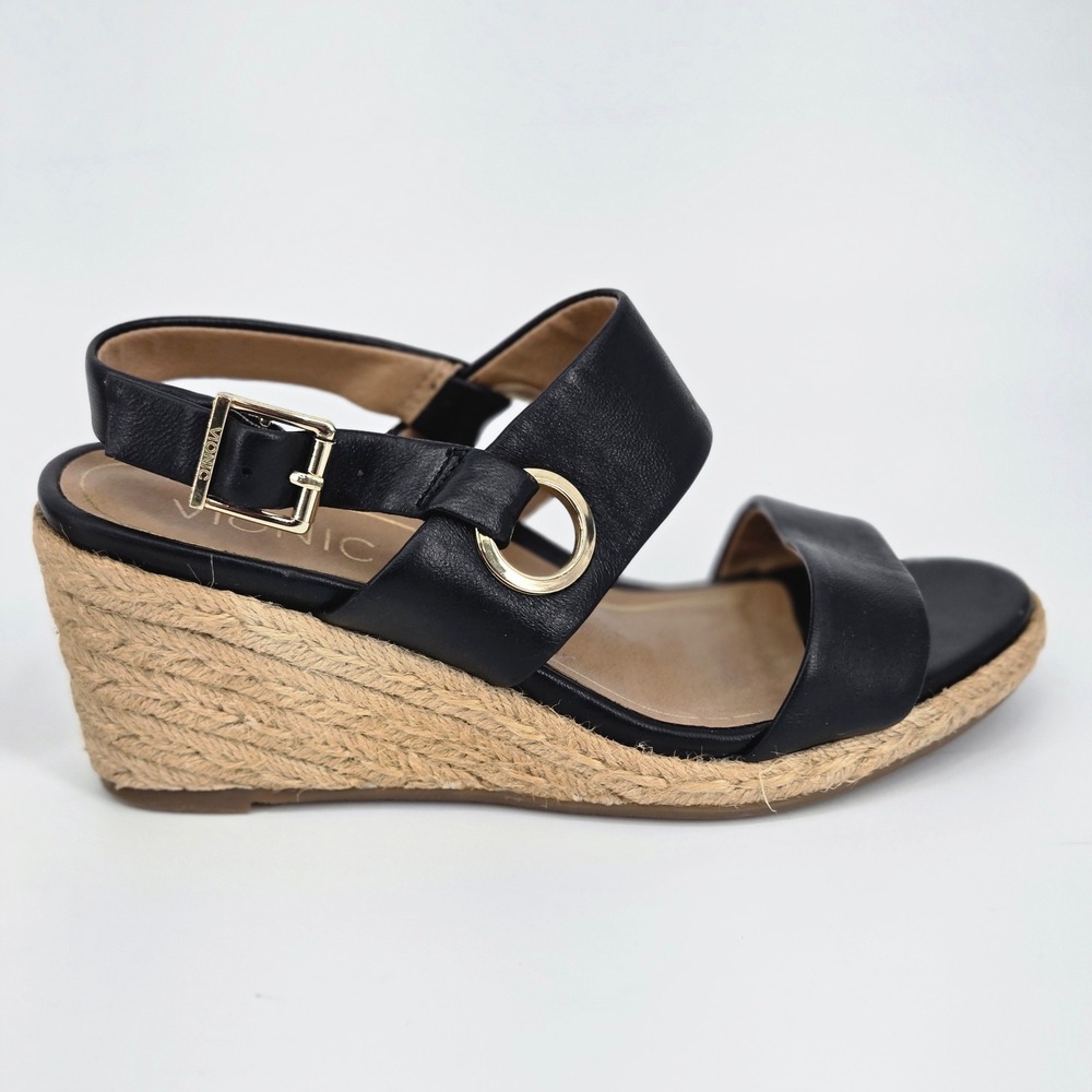 Vionic Vero Black Leather Strappy Espadrille Wedge Sandals Women's Size 6.5 EUC